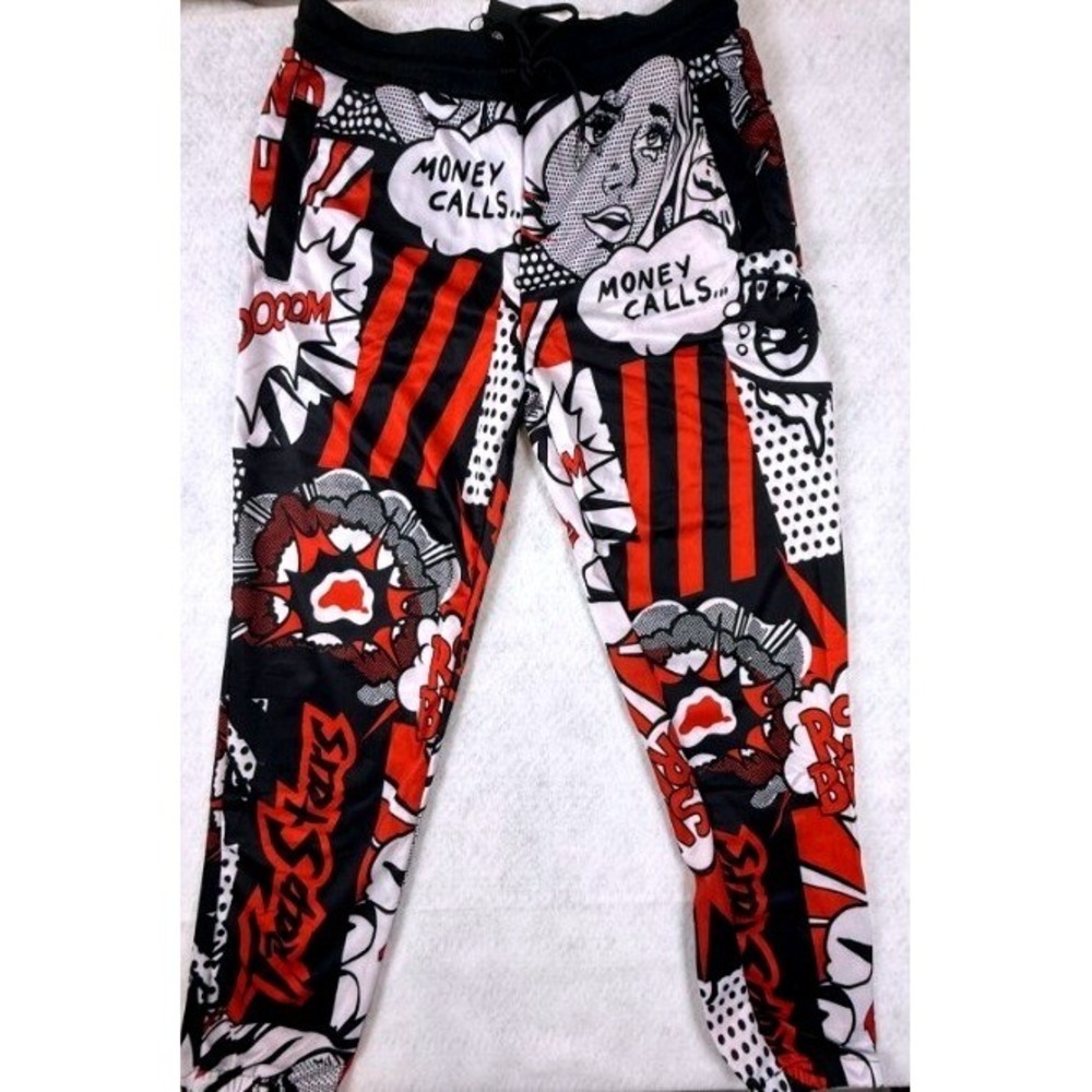 Reason Brand Trap Stars Comic Book Print Joggers Mens Small Black Red NWT